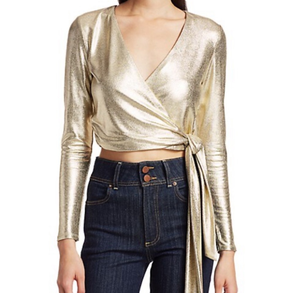 Alice+Olivia Nya Metallic Wrap Cropped Top